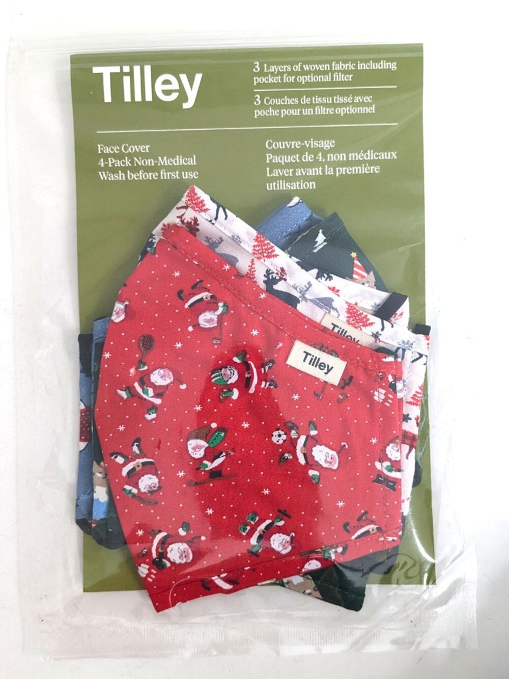 Tilley Christmas Face Masks NWT 4-Pack Holiday Reindeer Santa Cotton OS